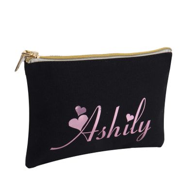 BOELRY Personalized Travel Makeup Bag, Canvas Cosmetic Zipper Pouch Bridesmaid Proposal Gift, Customized Bride Toilery Organizer Bag for Women (Black)