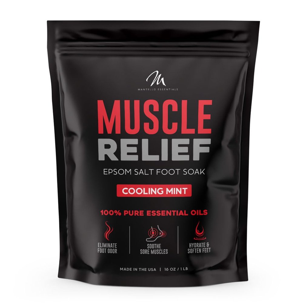 Mantello Muscle Relief Foot Soaking Salts - Foot Soaker for Use with a Foot Soaking Tub - Epsom Salts for Soaking Feet to Soften and Soothe Feet - Pedicure Foot Soak with Essential Oils, 1 lb. Bag