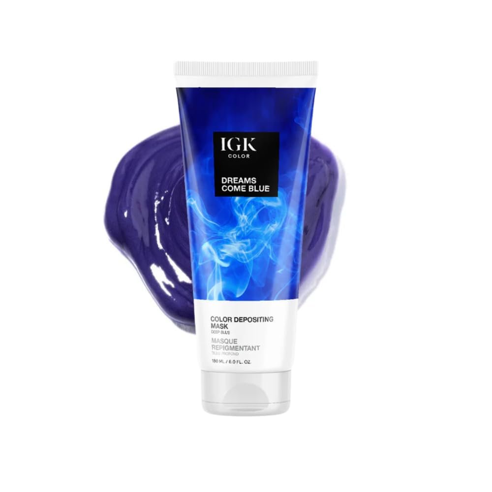 IGK Color Depositing Gloss Mask DREAMS COME BLUE - Deep Blue | Conditioning + Hydrate + Shine | Vegan + Cruelty Free | 6 Oz