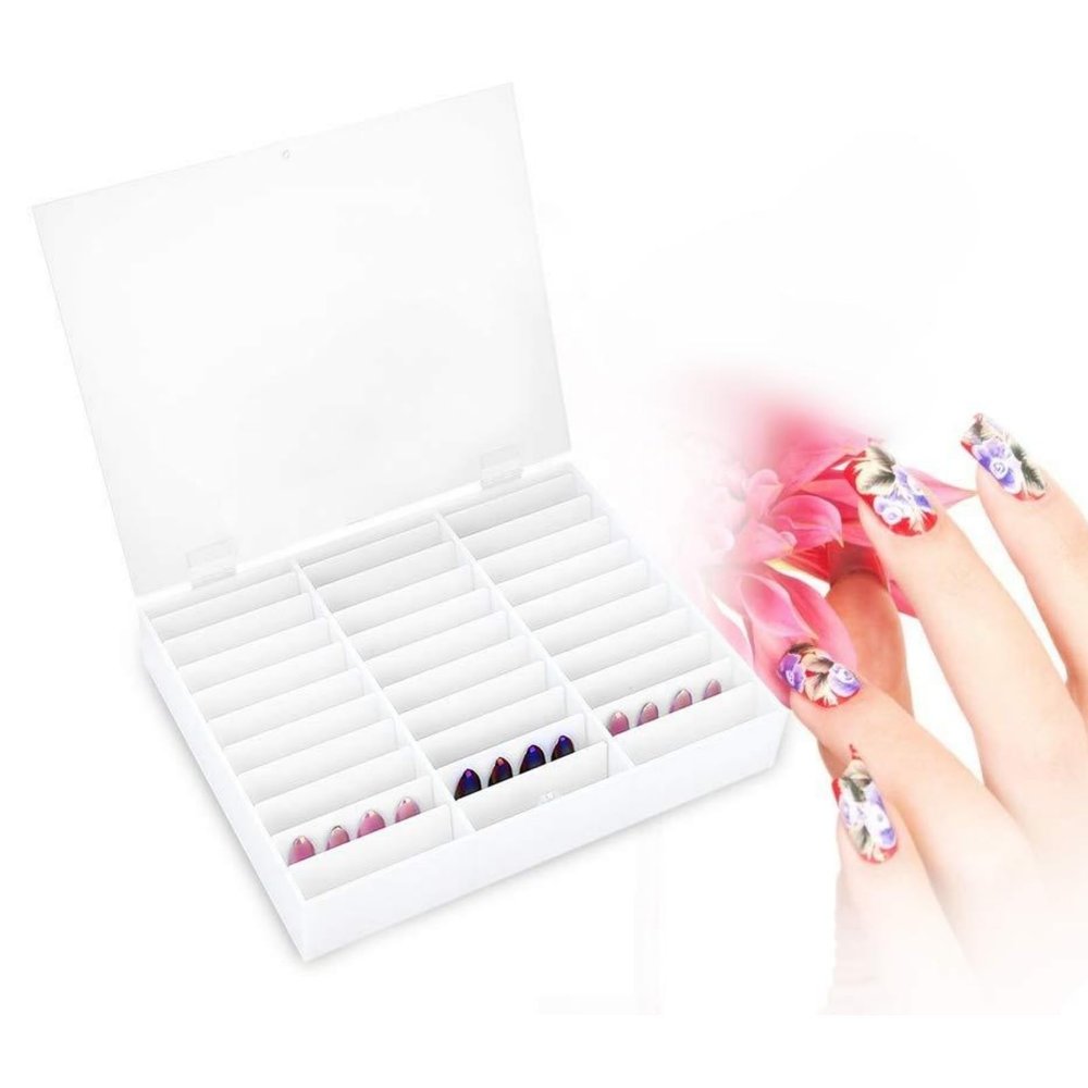 Nail Tip Box, Nail Art Decoration Container Empty Nail Tips Storage Box Fake Nail Display Case(White)