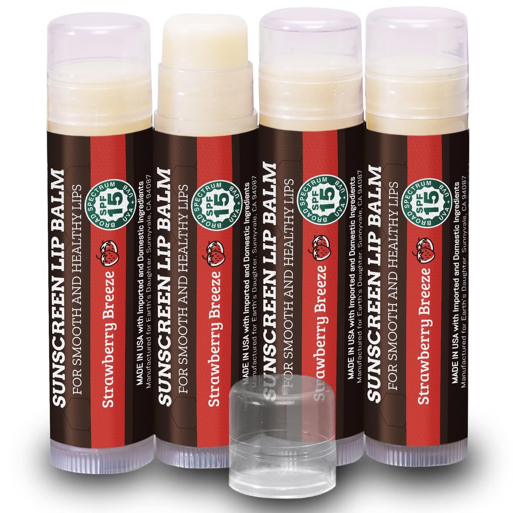 Earth's Daughter SPF Lip Balm 4-Pack Strawberry Flavor Stocking Stuffers - Lip Sunscreen, SPF 15, Organic Ingredients, Beeswax, Coconut Oil, Vitamin E - Hypoallergenic, Paraben Free, Gluten Free