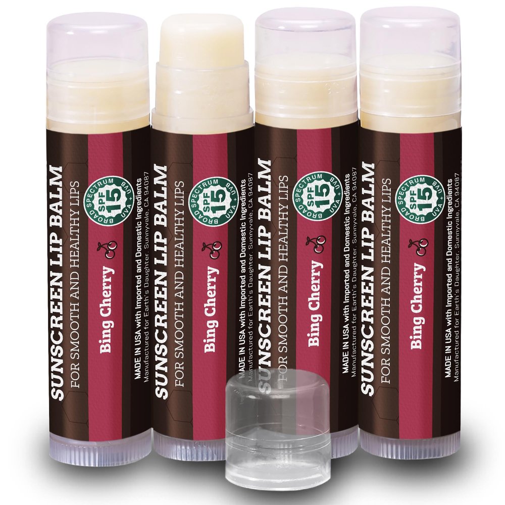Earth's Daughter SPF Lip Balm Cherry Flavor 4-Pack Stocking Stuffers - Lip Sunscreen, SPF 15, Organic Ingredients, Beeswax, Coconut Oil, Vitamin E - Hypoallergenic, Paraben Free, Gluten Free