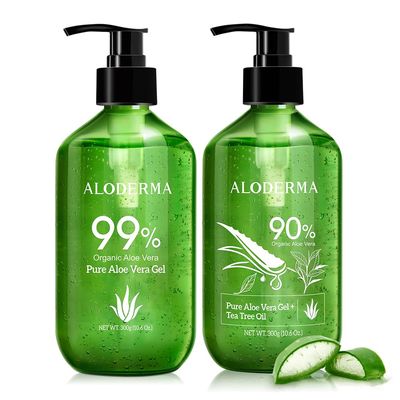 Aloderma Aloe Vera Gels Set, 2 Pieces - 300g Aloe Vera Gel, 300g Aloe Vera Gel + Tea Tree Oil - Hydrating, Soothing, Moisturizing