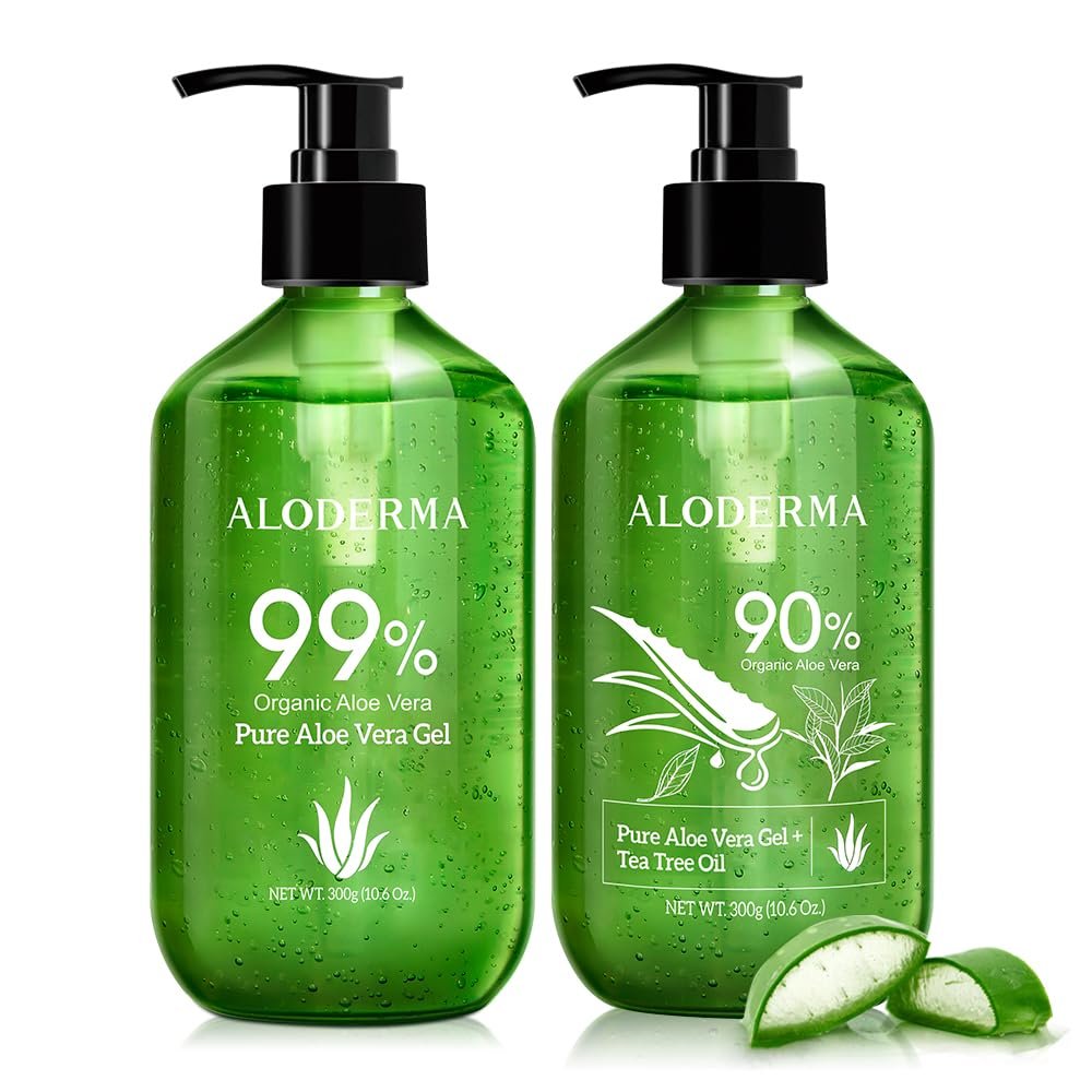 Aloderma Aloe Vera Gels Set, 2 Pieces - 300g Aloe Vera Gel, 300g Aloe Vera Gel + Tea Tree Oil - Hydrating, Soothing, Moisturizing