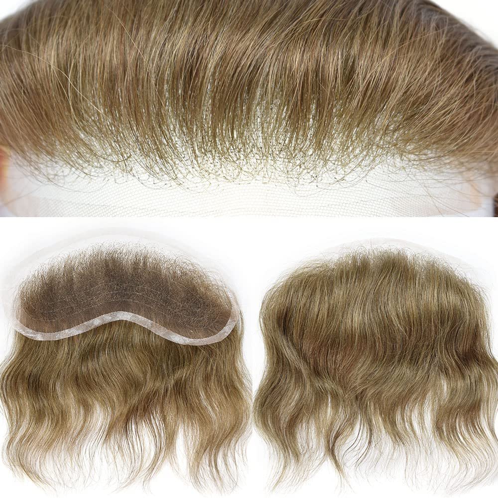 Mens Frontal Hairpiece for Receding Hairline V-Shape Men's Hairline Toupee Natural French Lace Forehead Hairline Replacement 100% Real Human Hair Topper Pieces for Men (4X18CM, 17#DARK ASH BLONDE)