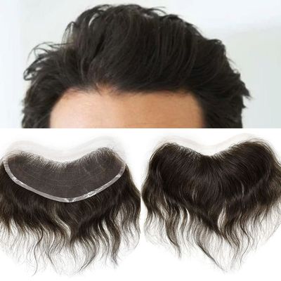 Mens Frontal Hairpiece for Receding Hairline V-Shape Men's Hairline Toupee Natural French Lace Forehead Hairline Replacement 100% Real Human Hair Topper Pieces for Men (4X18CM, 2# DARKEST BROWN)