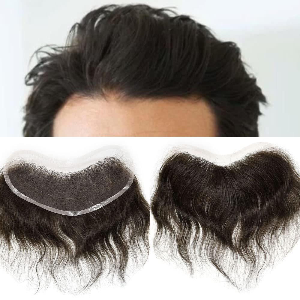 Mens Frontal Hairpiece for Receding Hairline V-Shape Men's Hairline Toupee Natural French Lace Forehead Hairline Replacement 100% Real Human Hair Topper Pieces for Men (4X18CM, 3# DARK BROWN)