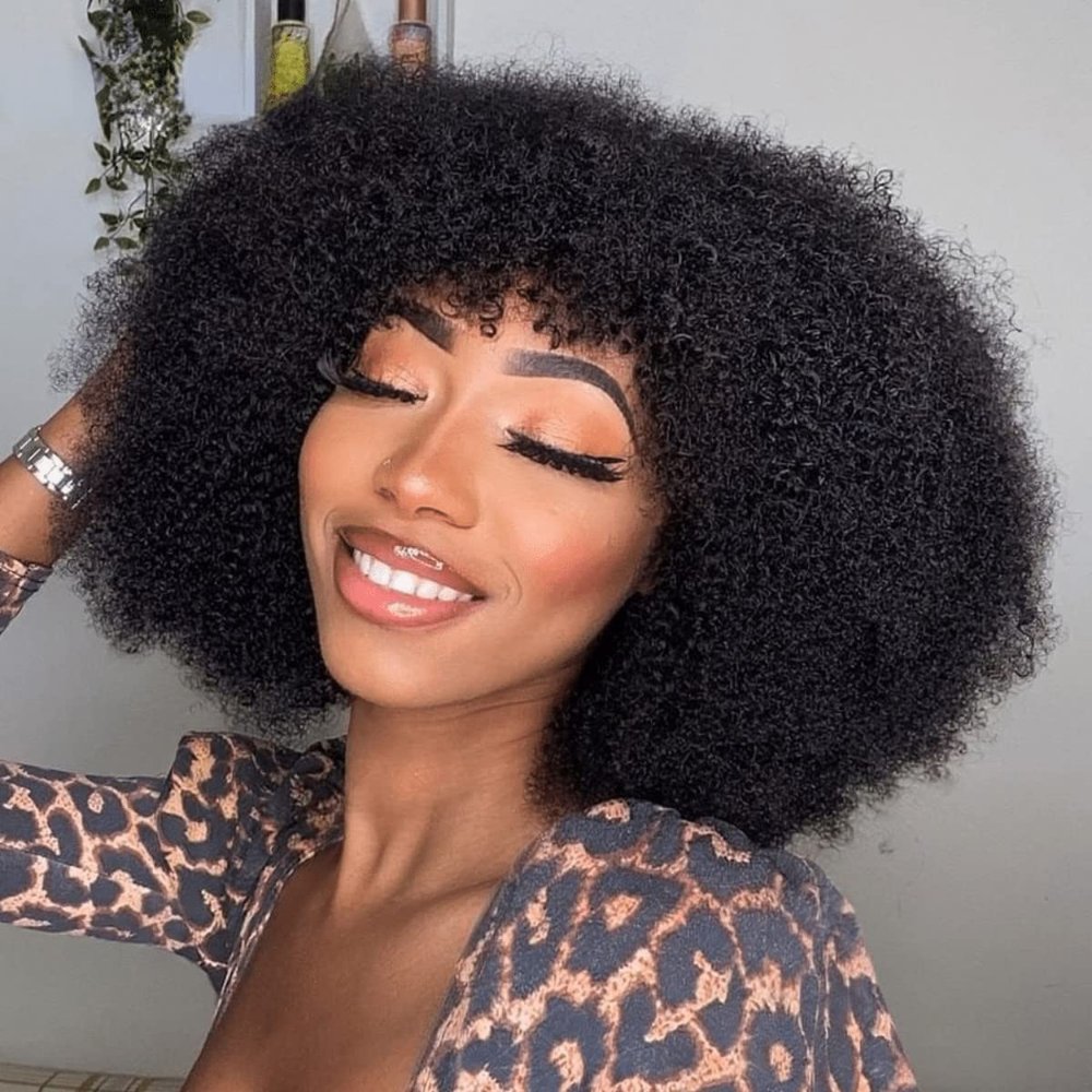 200% Density Afro Kinky Curly Bang Wigs Mongolian Human Hair Wigs For Black Women Natural Black Curly Bob Wigs Fringe Wig Glueless Machine Made Hair Replacement Unit Easy Wear Wig Brazilian Remy Hair