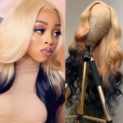 180% Density Pre Plucked Body Wave Human Hair Ombre Light Ash Blonde to Dark Blue Wig 22#/Dark Blue Lace Front Wigs Middle Part Lace Front Wigs Human Hair(26inch, Ombre Medium Blonde Dark Blue)