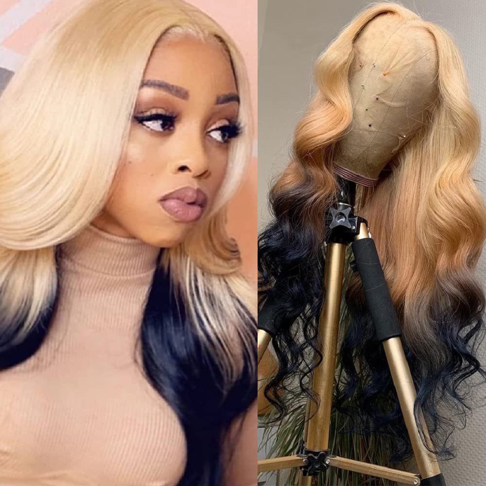 180% Density Pre Plucked Body Wave Human Hair Ombre Light Ash Blonde to Dark Blue Wig 22#/Dark Blue Lace Front Wigs Middle Part Lace Front Wigs Human Hair(20inch, Ombre Medium Blonde Dark Blue)