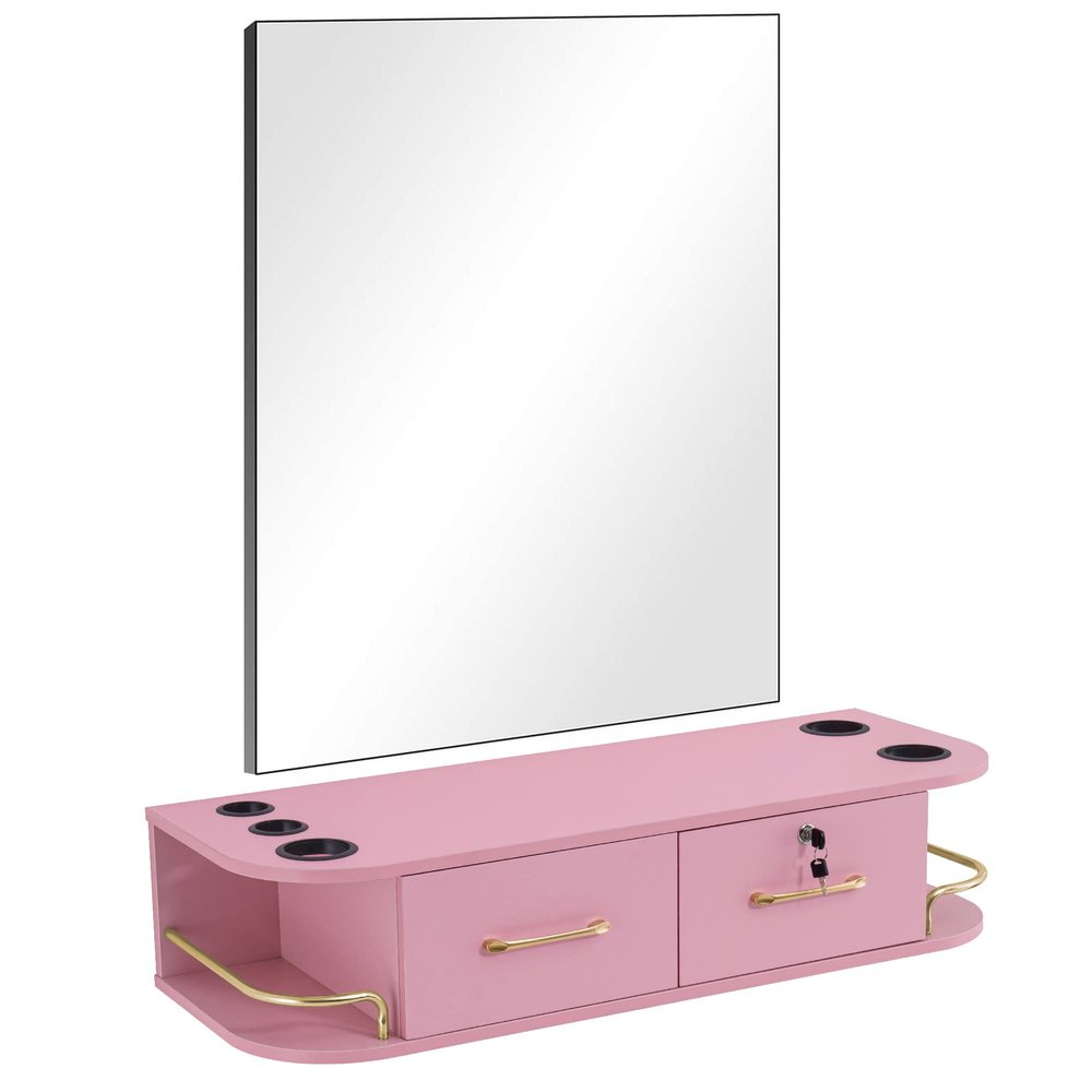 BarberPub Locking Wall Mount Styling Barber Station with Mirror Beauty Spa Salon Furniture,6154-5012-mirror (Pink)
