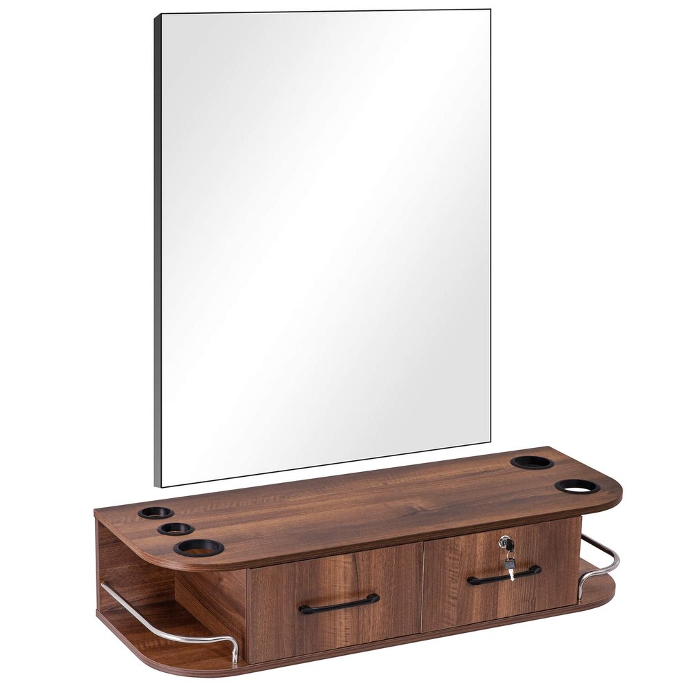 BarberPub Locking Wall Mount Styling Barber Station with Mirror Beauty Spa Salon Furniture,6154-5012-mirror (Brown)