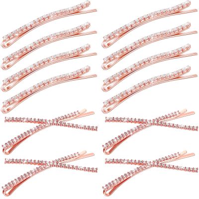 12 Pieces Rhinestone Bobby Pins Decorative Fancy Crystal Hair Clips Shiny Metal X Shaped Barrettes Bling Diamond Wedding Bridal Shower Hair Accessories for Women Ladies Girls (Rose Gold)