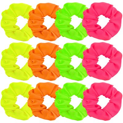 AUEAR Hair Scrunchies, 12 Pack Neon Color Solid Hair Ties Ponytail Hair Bands Scrunchy for Women Girls Hair Accessories, 80s 90s Style, Yellow, Green, Pink, Orange