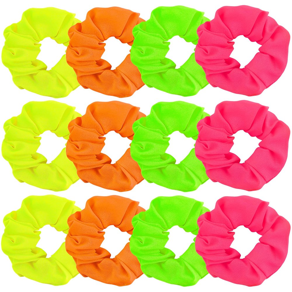 AUEAR Hair Scrunchies, 12 Pack Neon Color Solid Hair Ties Ponytail Hair Bands Scrunchy for Women Girls Hair Accessories, 80s 90s Style, Yellow, Green, Pink, Orange
