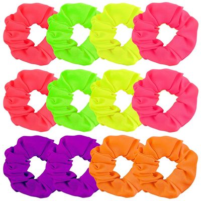 AUEAR, 12 Pack Neon Scrunchies, Pink Green Orange Purple red Yellow Elastic Bright Color Solid Hair Ties Ponytail Bands Scrunchy for Women Girls Accessories 80's 90's Party