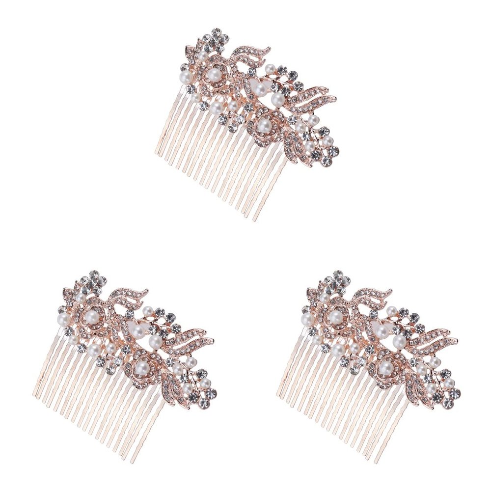 LALAFINA 3pcs Women Rhinestone Bridal Hair Comb Rose Gold Elegant Side Combs for Wedding Hair Accessories for Brides and Bridesmaids Design