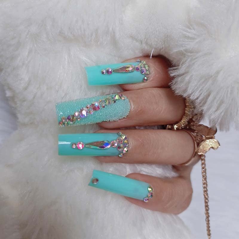 ZYBUXY 24pcs wedding nails for bride Luxury Super Long False nails Rectangl Acrylic Nails Blue Salon Fake Nails Press on Nails Glossy for women and girls