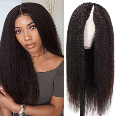180% U/V Part Kinky Straight Human Hair Wig No Leave Out Glueless Wig Peruvian Remy V Part Yaki Straight Human Hair Wig For Women