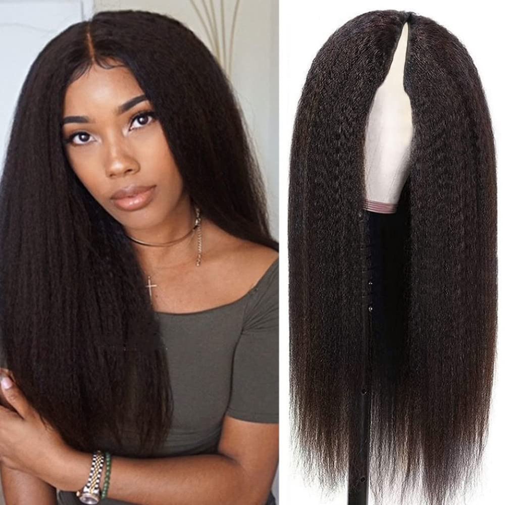 180% U/V Part Kinky Straight Human Hair Wig No Leave Out Glueless Wig Peruvian Remy V Part Yaki Straight Human Hair Wig For Women