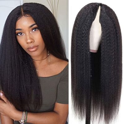 180% U/V Part Kinky Straight Human Hair Wig No Leave Out Glueless Wig Peruvian Remy V Part Yaki Straight Human Hair Wig For Women