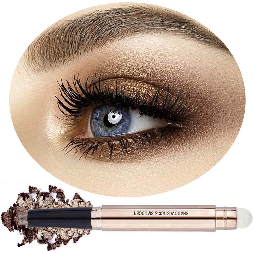 Daeuwiutr 2 in 1 Cocoa Brown Eyeshadow Sticks and Sponge Makeup Brush Silky Cream Glitter Eyeshadow Pencil Crayon Long Lasting Waterproof Eye shadow Highlighter Stick Pen(Thriving brown shimmer 07#)