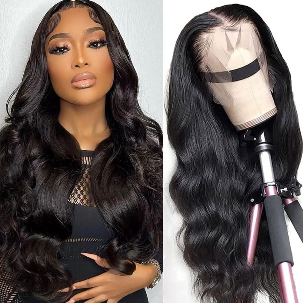 13x4 Body Wave Lace Front Wigs Human Hair Pre Plucked HD Transparent Lace Frontal Wig with Baby Hair 180% Density 9A Glueless Brazilian Human Hair Lace Front Wigs for Black Women Natural Black 28 Inch
