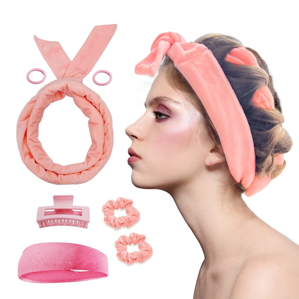 Fitifun Extra Long Heatless Velour Curling Rod Headband - 61" No Heat Soft Cotton Curling Ribbon Kit for Women (Pink)
