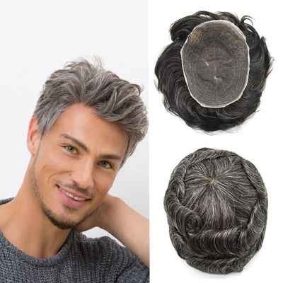 Toupee For Men HAIR WONDERS 100% Human Hair Breathable Full Swiss Lace Mens Hair Units Front Bleached Knots Mens Toupee Replacement System Natural Looking Hairline Mens Hair Pieces (8''*10'', #240 2# DARKEST BROWN WITH 40% SYNTHETIC GREY-100% light t