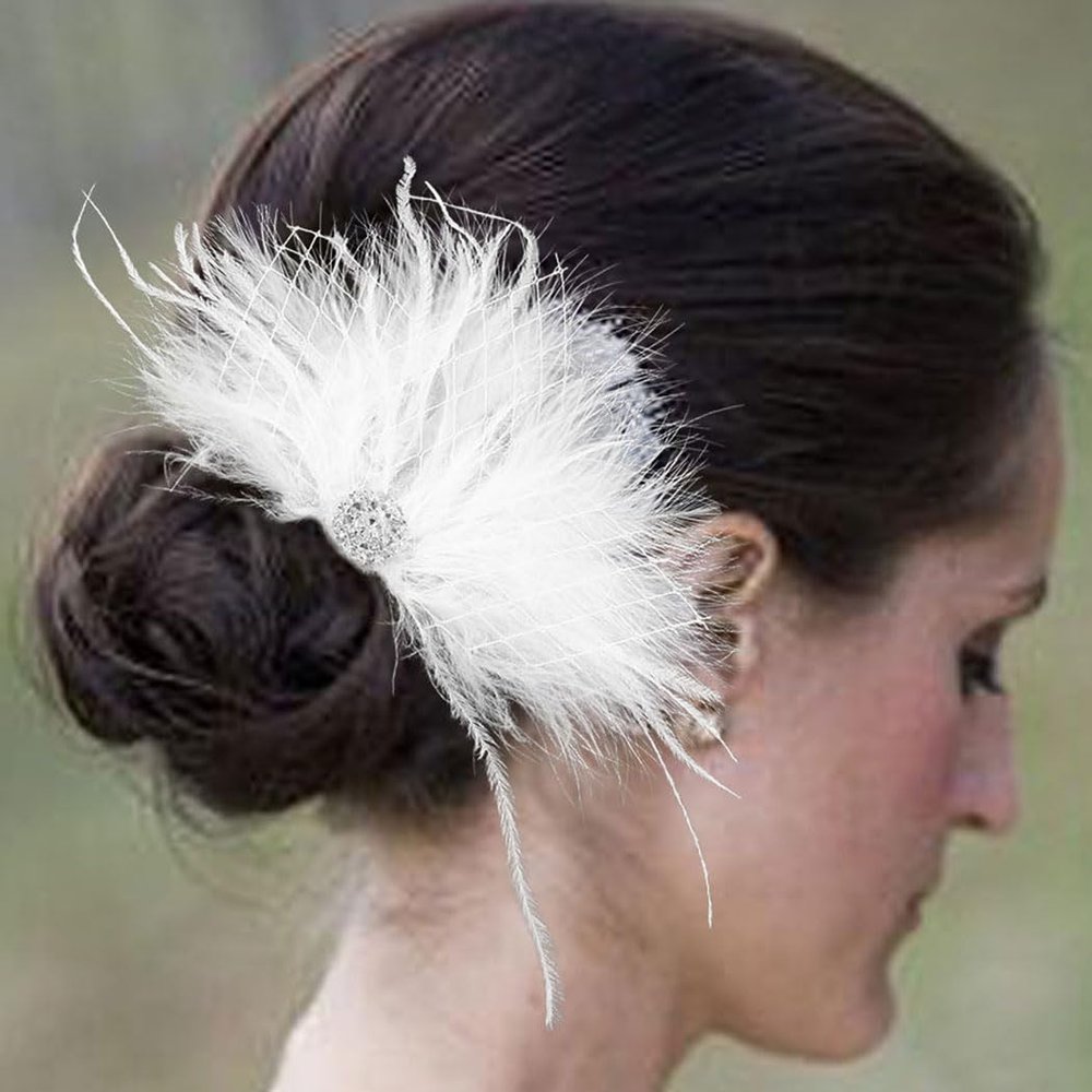 Latious Feather Wedding Hair Comb White Fascinator Hair Clip1920s Flapper Hair Accessories for Women and Girls