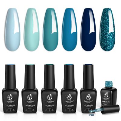 Beetles Blue Teal Gel Polish Set - Dark Navy Turquoise & Jewel Tone Collection Sparkle Gel Polish, Soak Off UV LED Manicure Kit for DIY Nail Art Gift for Girls Women