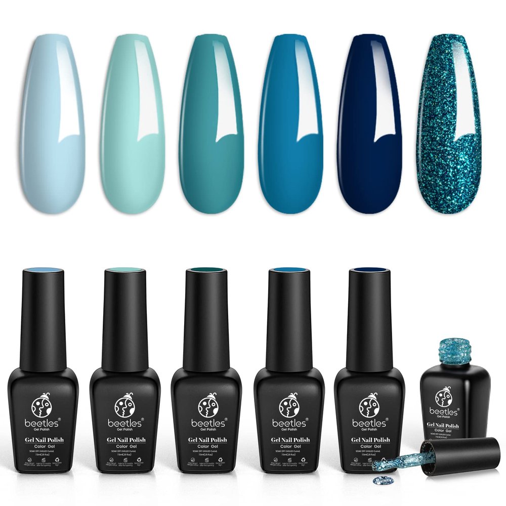 Beetles Blue Teal Gel Polish Set - Dark Navy Turquoise & Jewel Tone Collection Sparkle Gel Polish, Soak Off UV LED Manicure Kit for DIY Nail Art Gift for Girls Women