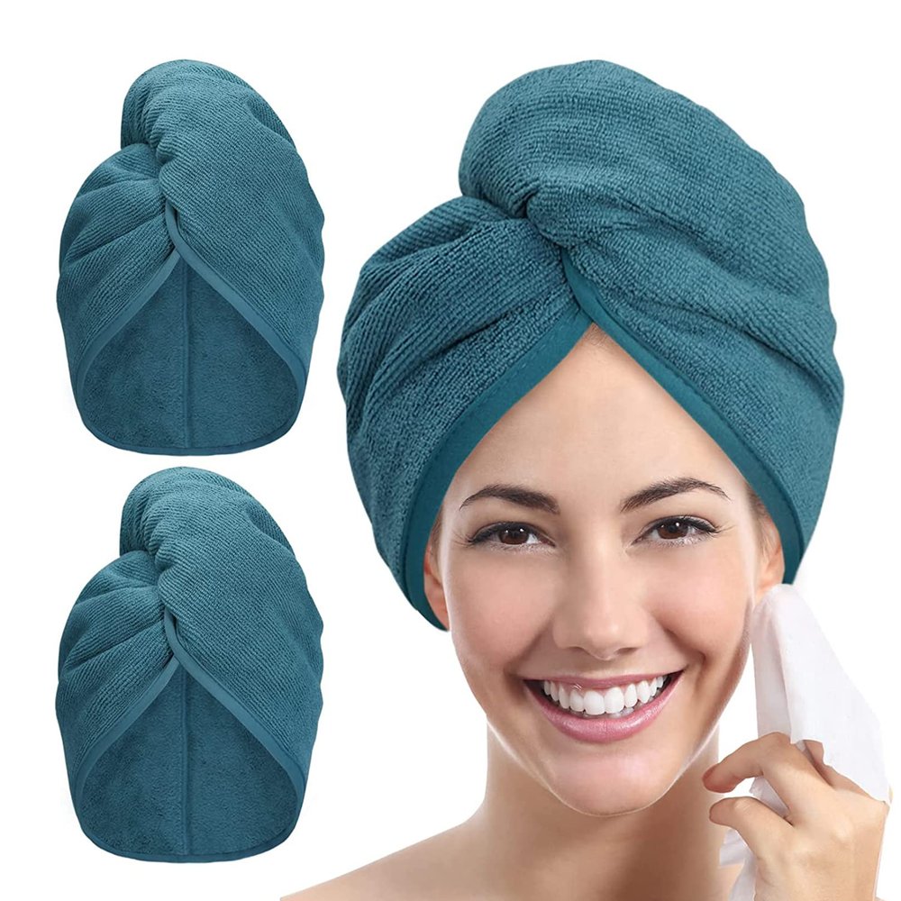 Microfiber Hair Towel Hair Wrap: 2 Pack 10X26 Hair Dryer Towels for Women Absorbent Turban Twist Hair Drying Shower Cap Curly Hair Products for Hair Care Hair Accessories (04 2-Pcs Navy Blue)
