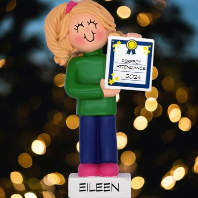 Girl Receiving an Award/Honor/Milestone with Blonde Hair Personalize Christmas Ornament