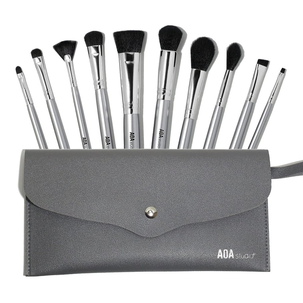 AOA Studio 10-Piece Silver Brush Set Professional Set - Foundation, Blending, Blush, Powder Kabuki Brushes 10PCS (Silver Set)