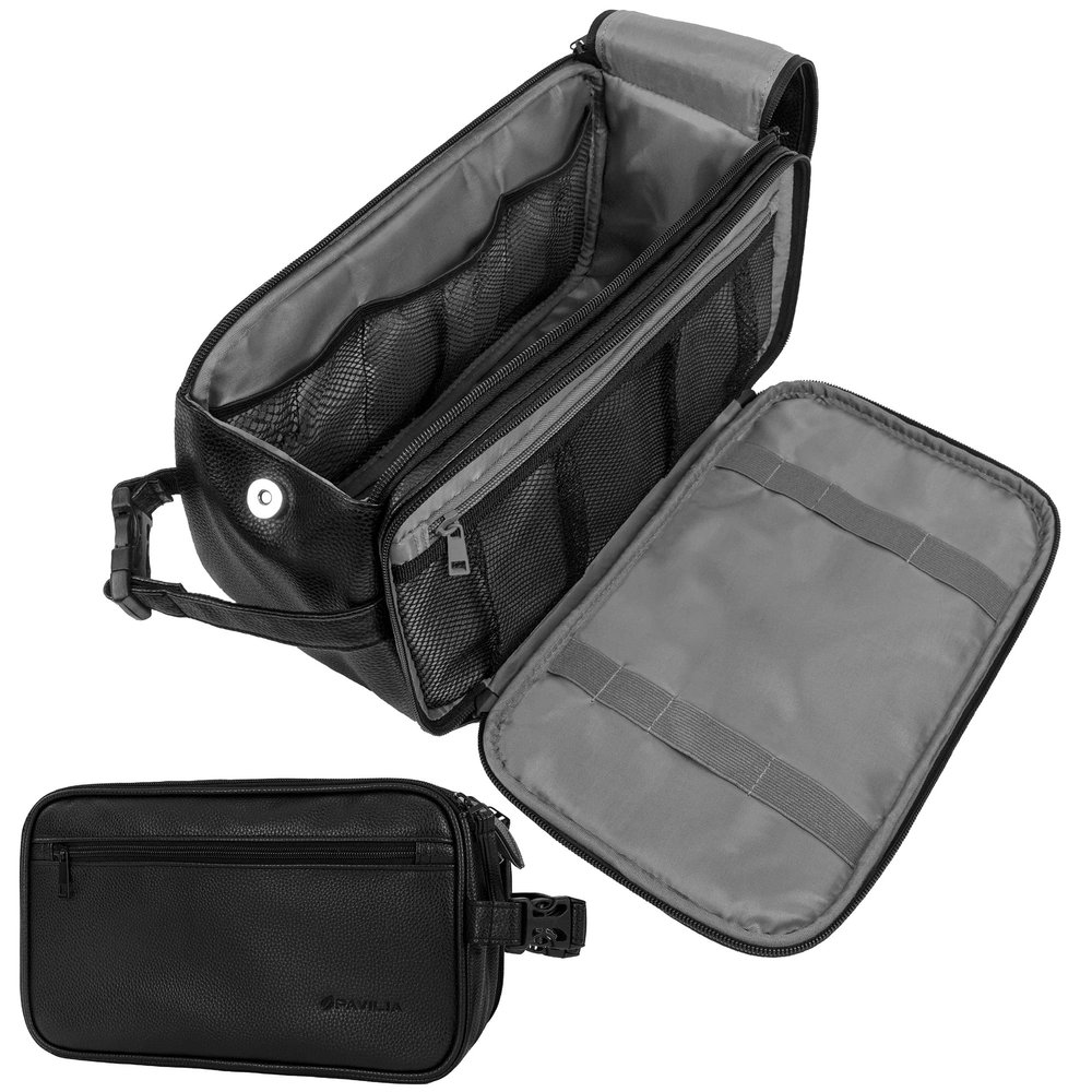 PAVILIA Toiletry Bag for Men, Travel Essentials Shaving Dopp Kit, Mens Travel Bag Toiletries Organizer Case for Grooming, PU Leather Water Resistant Cosmetic Bag Pouch (XL, Black)