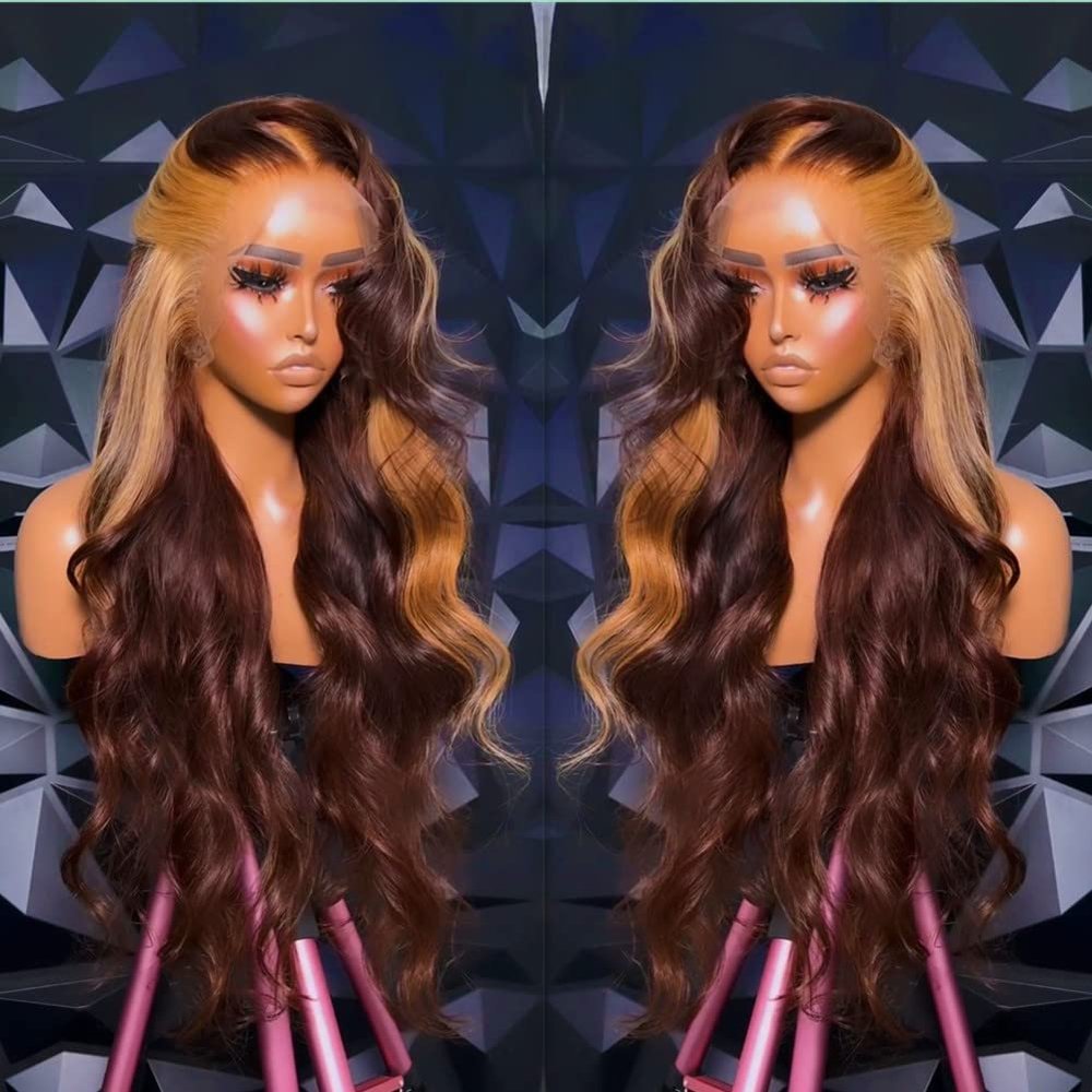 30 Inch Ombre Highlight Honey Blonde Lace Front Wig Human Hair Chocolate Brown Skunk Stripe Wig Human Hair Lace Front Body Wave 13x4 Transparent HD Lace Frontal Wigs for Women