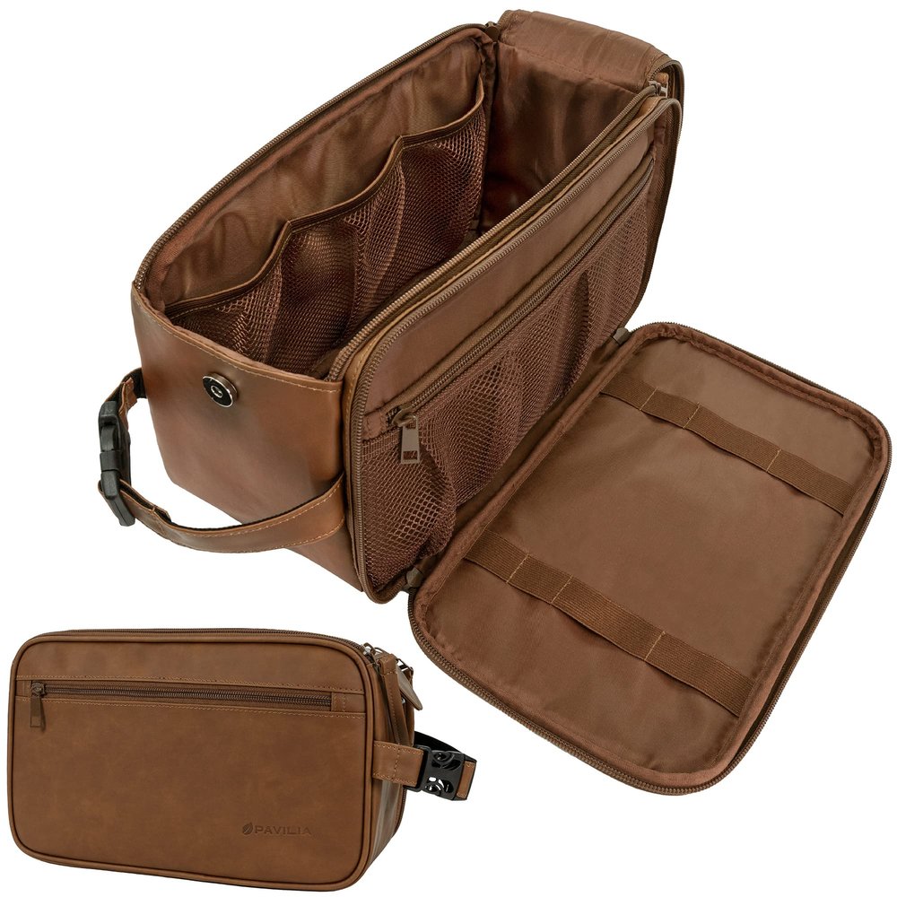 PAVILIA Toiletry Bag for Men, Travel Essentials Shaving Dopp Kit, Mens Travel Bag Toiletries Organizer Case for Grooming, PU Leather Water Resistant Cosmetic Bag Pouch (XL, Brown)
