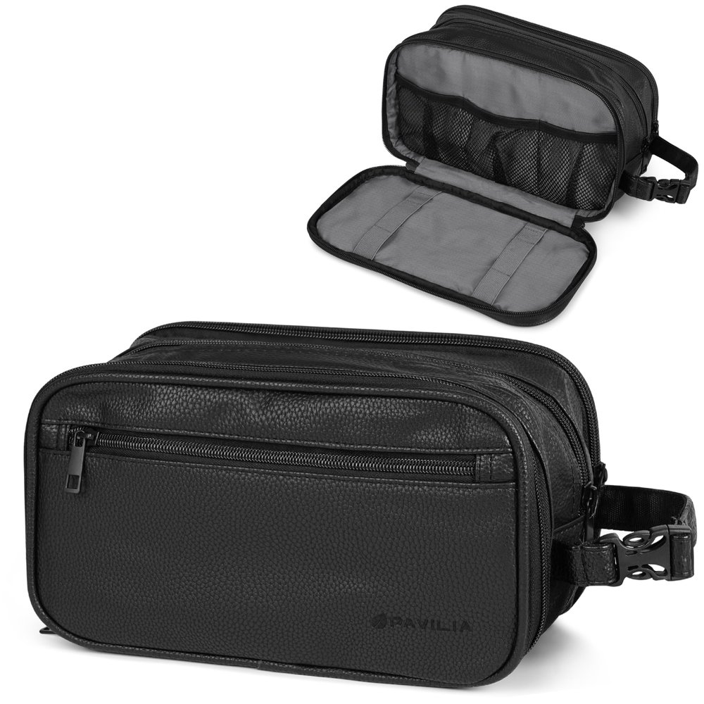 PAVILIA Toiletry Bag for Men, Travel Toiletries Bag | Water-resistant Dopp Kit, PU Leather Shaving Pouch Organizer for Accessories, Cosmetic, Hygiene, Grooming Essentials (XL, Black)
