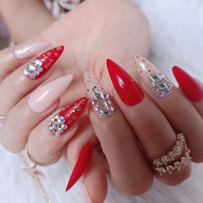 ZYBUXY Nude Red Press On Nails - Jelly Drill Gel False Nails, Medium Stiletto Style, 24pcs Wedding Nails for Bride