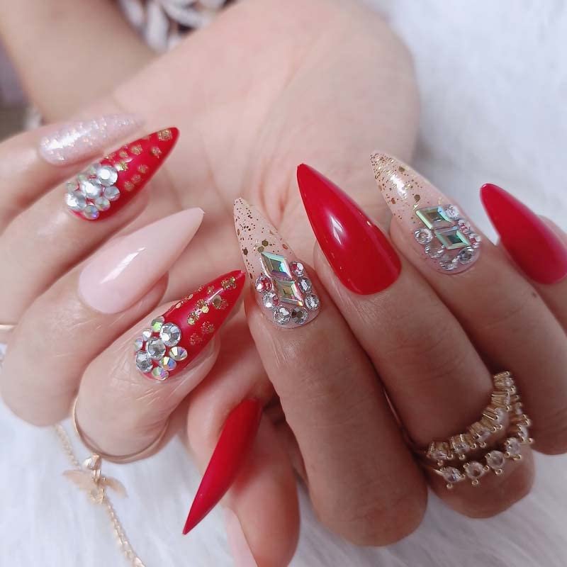 ZYBUXY Nude Red Press On Nails - Jelly Drill Gel False Nails, Medium Stiletto Style, 24pcs Wedding Nails for Bride