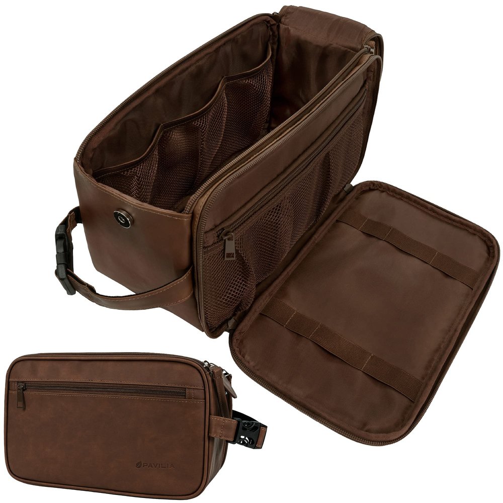 PAVILIA Toiletry Bag for Men, Travel Essentials Shaving Dopp Kit, Mens Travel Bag Toiletries Organizer Case for Grooming, PU Leather Water Resistant Cosmetic Bag Pouch (XL, Dark Brown)