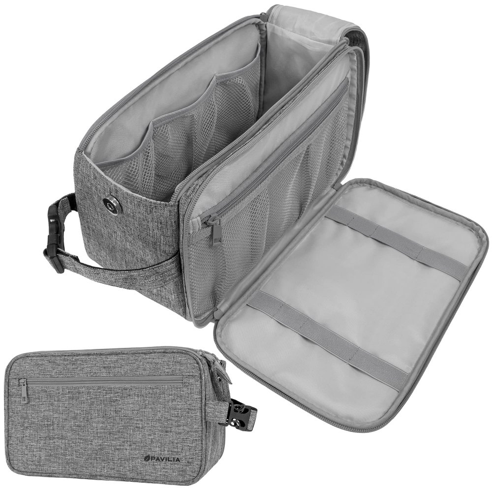 PAVILIA Toiletry Bag for Men, Travel Essentials Shaving Dopp Kit, Mens Travel Bag Toiletries Organizer Case for Grooming, PU Leather Water Resistant Cosmetic Bag Pouch (XL, Heather Grey)
