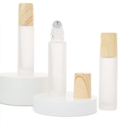 10-Pack 10ml Frosted Glass Roller Bottle Essential Oils Perfume Cosmetic Roll-on Bottle with Metal Roller Ball and Wood Grain Plastic Cap
