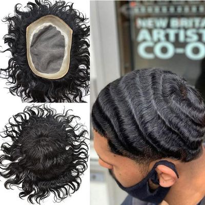 Afro Mens Toupee African American Mens Replacement System Kinky Curly Toupee for Black Men Durable Fine Mono Lace Mens Hairpieces Folded Lace Front Mens Unit (8X11"-16MM WAVE, 1# JET BLACK -110% Light to Medium Density)