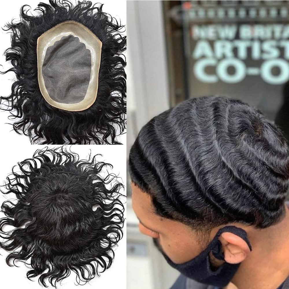 Afro Mens Toupee African American Mens Replacement System Kinky Curly Toupee for Black Men Durable Fine Mono Lace Mens Hairpieces Folded Lace Front Mens Unit (8X11"-16MM WAVE, 1# JET BLACK -110% Light to Medium Density)