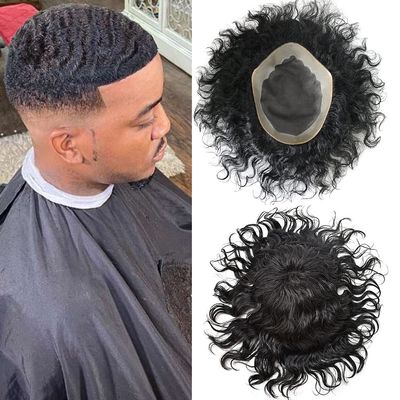 Afro Mens Toupee African American Mens Replacement System Kinky Curly Toupee for Black Men Durable Fine Mono Lace Mens Hairpieces Folded Lace Front Mens Unit (6X9"-20MM WAVE, 1# JET BLACK -110% Light to Medium Density)