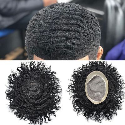 Afro Mens Toupee African American Mens Replacement System Kinky Curly Toupee for Black Men Durable Fine Mono Lace Mens Hairpieces Folded Lace Front Mens Unit (7X10"-6MM WAVE, 1# JET BLACK-100% Light to Medium Density)