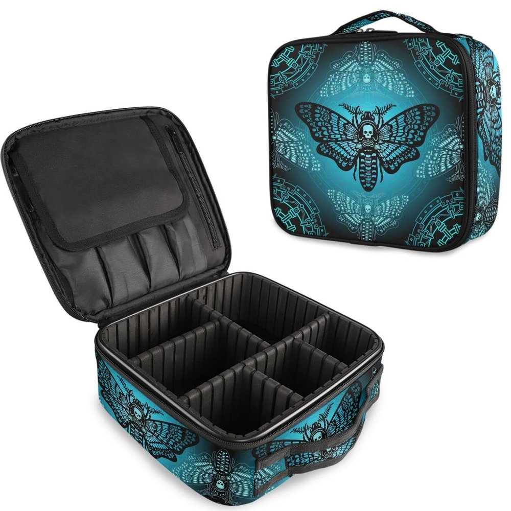 MNSRUU Women Makeup Bag Blue Skull Moth Butterfly Makeup Bag Organizer Travel Cosmetic Bag for Teenage Girl Clear Make Up Bags with Zipper
