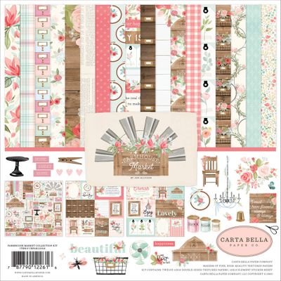 2 SET-Farmhouse Market Collection Kit paper, pink, teal, black, woodgrain, cream
